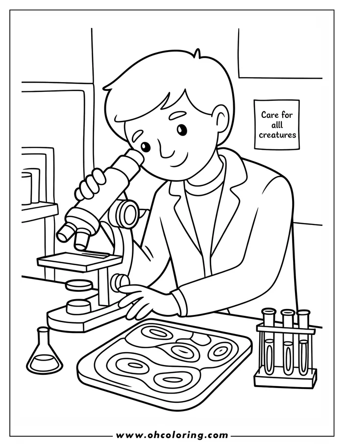 Line art of a veterinarian using a microscope, with lab equipment like test tubes and a beaker nearby. A sign promotes care for all creatures.