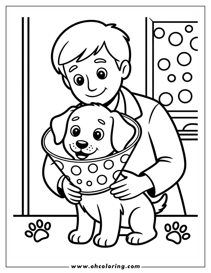 Line art of a veterinarian holding a puppy wearing a cone at the veterinary clinic.