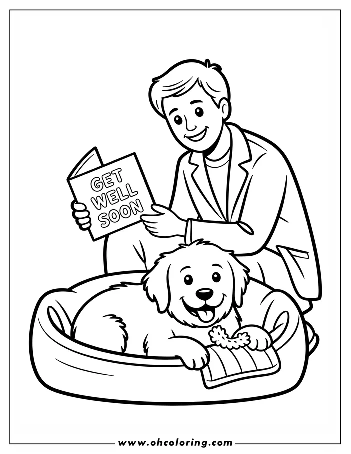 Line art of a veterinarian kneeling beside a dog in a pet bed, holding a 'Get Well Soon' card. The dog, possibly a Golden Retriever, rests comfortably.