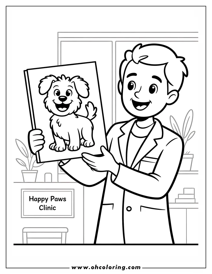 Line art of a veterinarian in a lab coat holding an x-ray of a dog in a veterinary clinic.