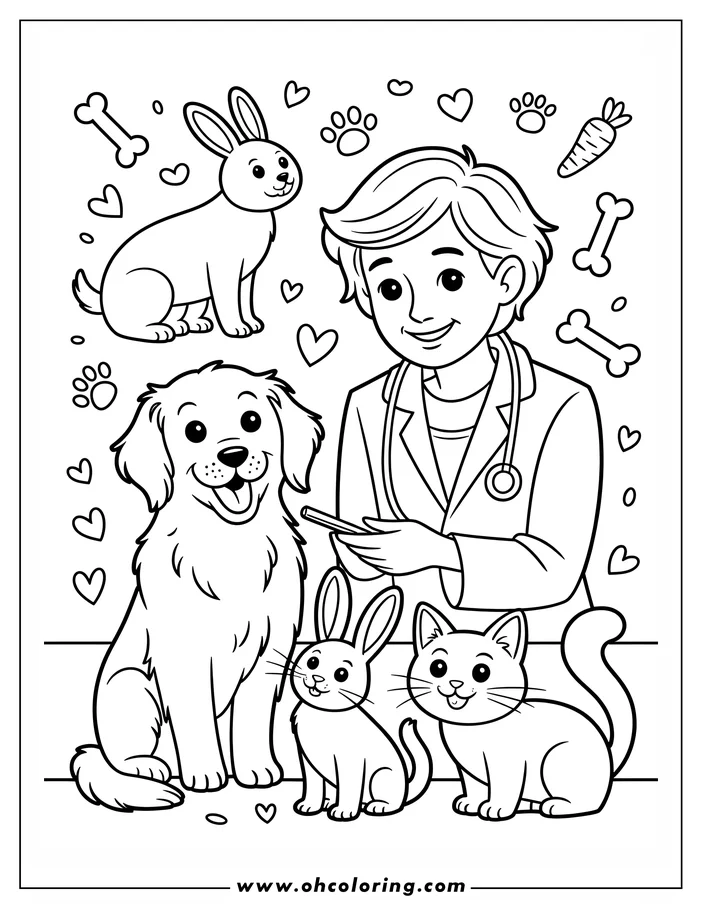 Line art of a veterinarian examining a dog, with a bunny and kitten nearby. The vet holds a medical chart and wears a stethoscope. Hearts, paw prints, bones, and a carrot decorate the background.