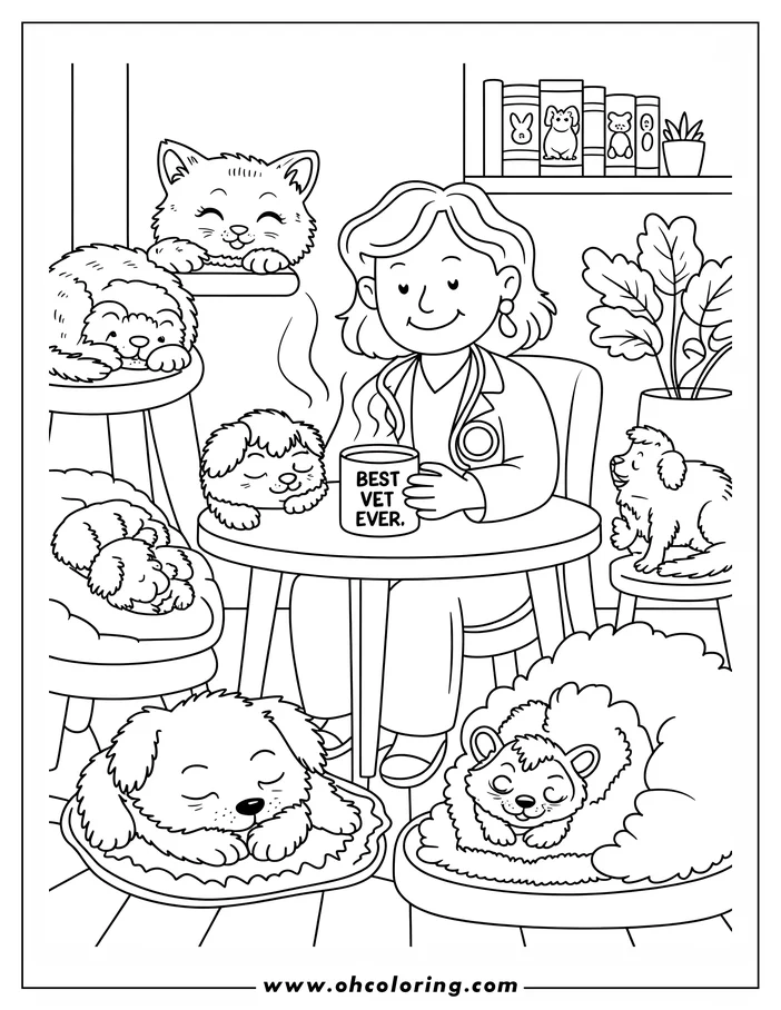 Line art of a veterinarian with a "Best Vet Ever" mug, surrounded by sleeping puppies and kittens in a cozy veterinary office setting. There are books about animals on a shelf and a potted plant nearby.