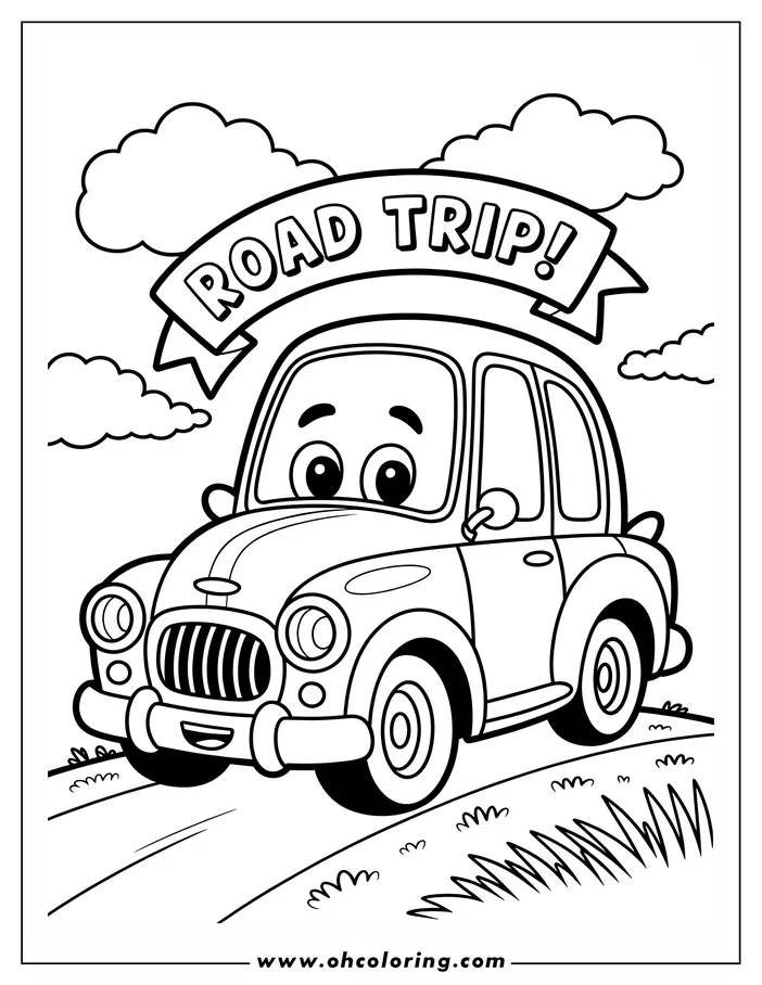 Outline of a vintage car driving on a country road, with a 'Road Trip' banner and clouds overhead