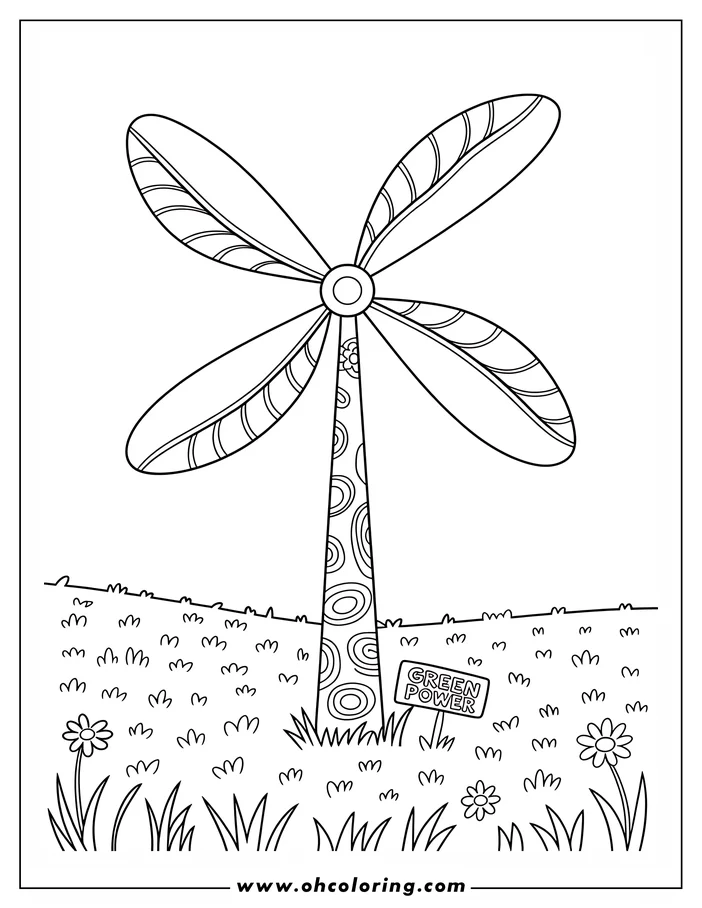 Line art of a wind turbine with a "Green Power" sign in a field with grass and flowers, promoting renewable energy for Earth Day. This coloring sheet design is ready for printing and coloring.