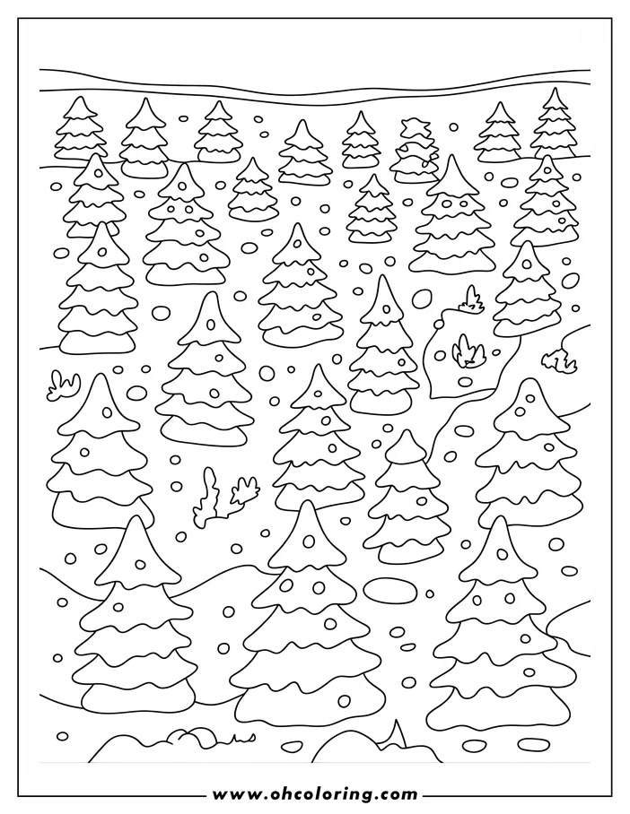 A coloring sheet design of a winter forest scene. Many evergreen trees, covered in snow, stand in the snowy landscape. Small bushes peek out from beneath the drifts. Ready for coloring.