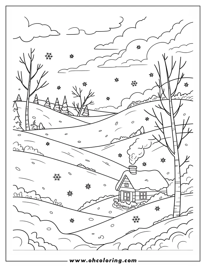 Line art of a winter landscape coloring page. A small house with smoke coming out of the chimney sits on a snow-covered hill. Bare trees and falling snowflakes complete the serene winter scene.