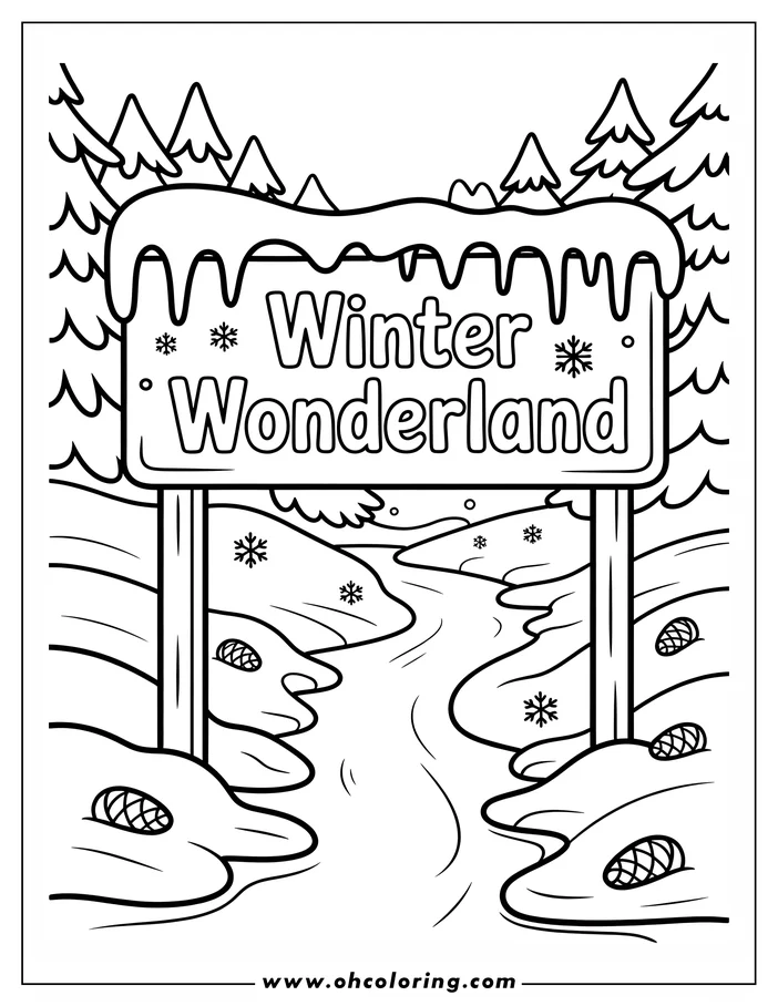 Line art depicting a Winter Wonderland scene. A snow-covered signpost displays 'Winter Wonderland.' A winding stream flows through a snowy landscape, with pine trees and snowflakes in the background, ready for coloring.