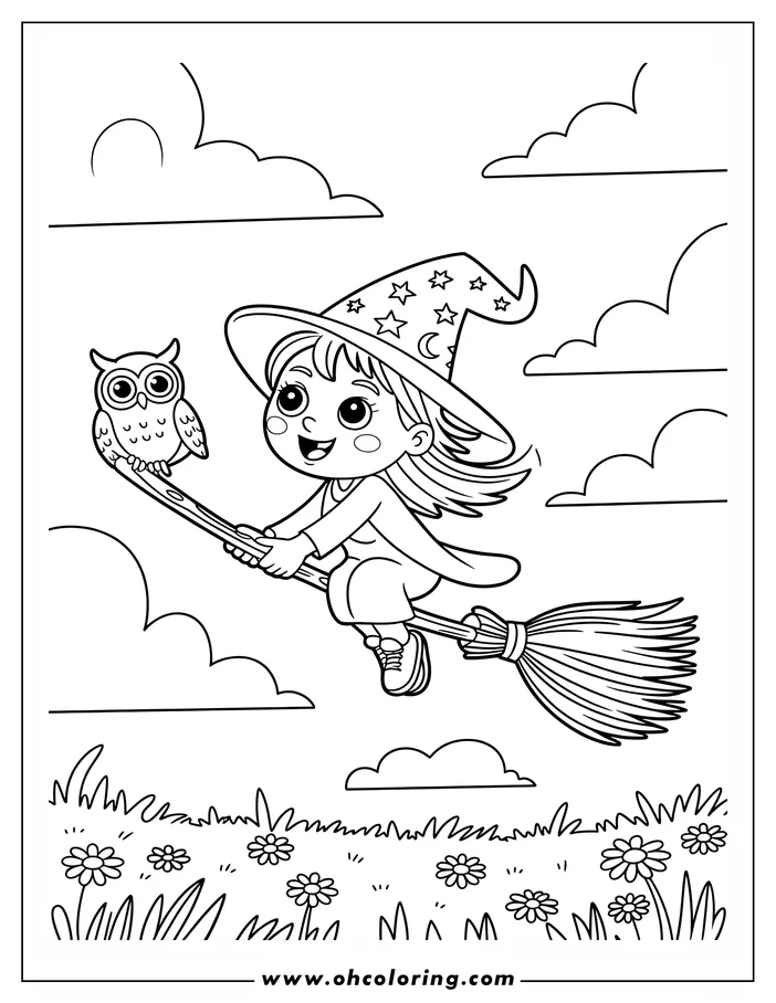 Line art of a witch flying on a broomstick, accompanied by an owl perched on the broom's handle. She wears a star-decorated hat and flies above a field of flowers.