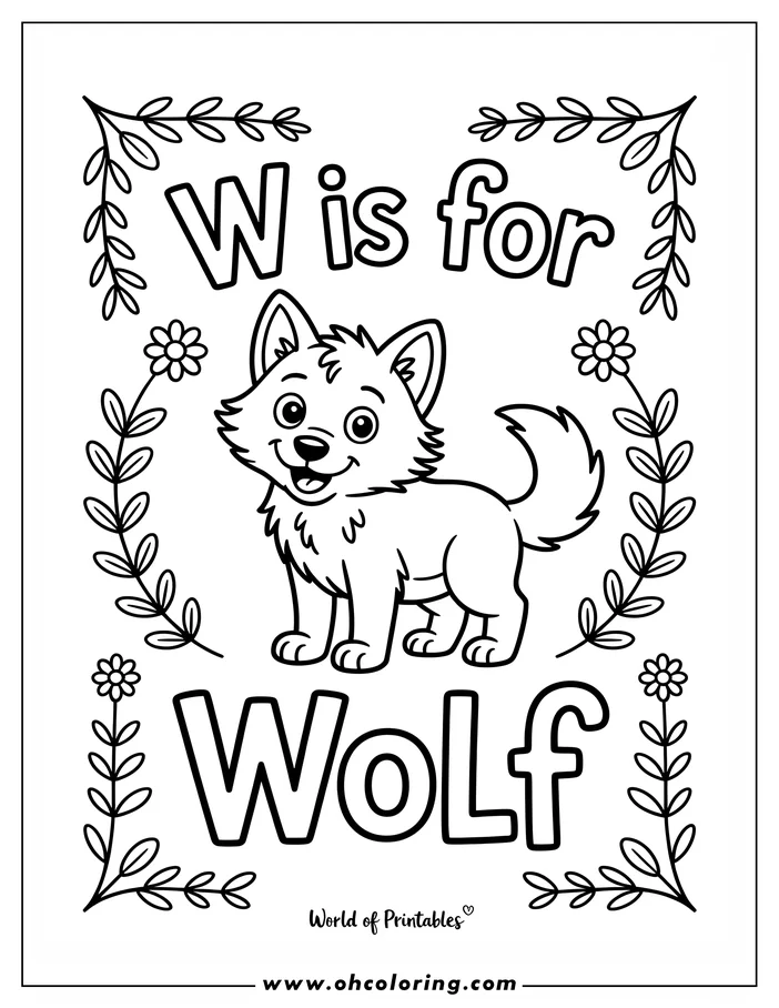 Line art of a friendly cartoon wolf. Decorative leaves and flowers surround the image, along with the words 'W is for Wolf'.