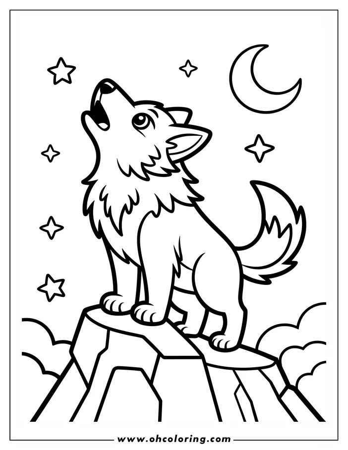 Line art of a cartoon wolf howling at the crescent moon from a rocky peak. Stars are visible in the night sky.