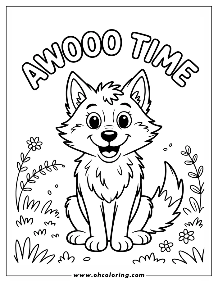 A cartoon-style wolf pup, sitting and smiling, surrounded by flowers and blades of grass.