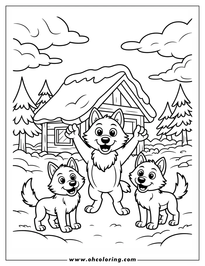 Three cartoon wolves stand outside a snow-covered cabin in the woods.