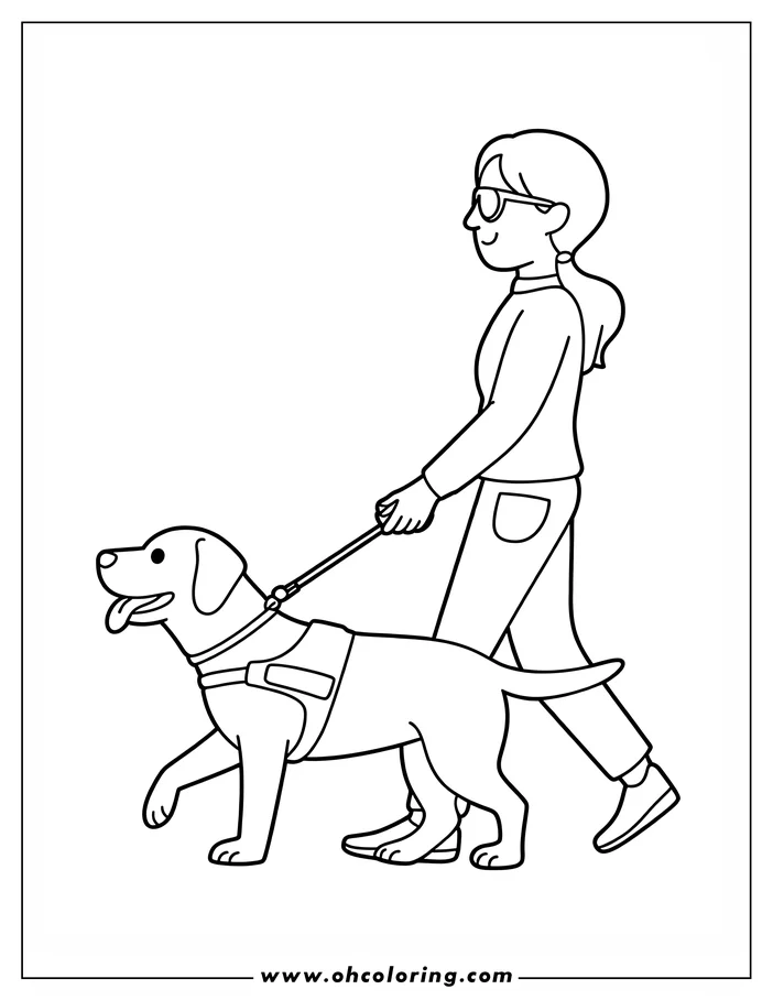 Line art of a woman walking with a service dog. The dog wears a vest and leads the woman, who is wearing sunglasses.