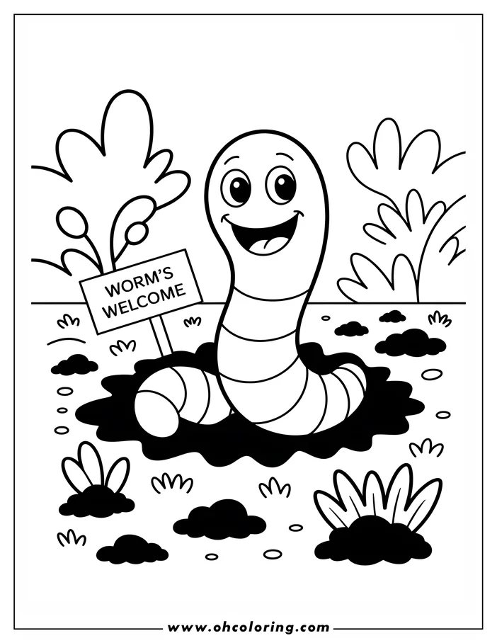 Line art drawing of a friendly worm emerging from a puddle of mud.  A "Worms Welcome" sign stands next to the puddle. This is a simple coloring sheet design.