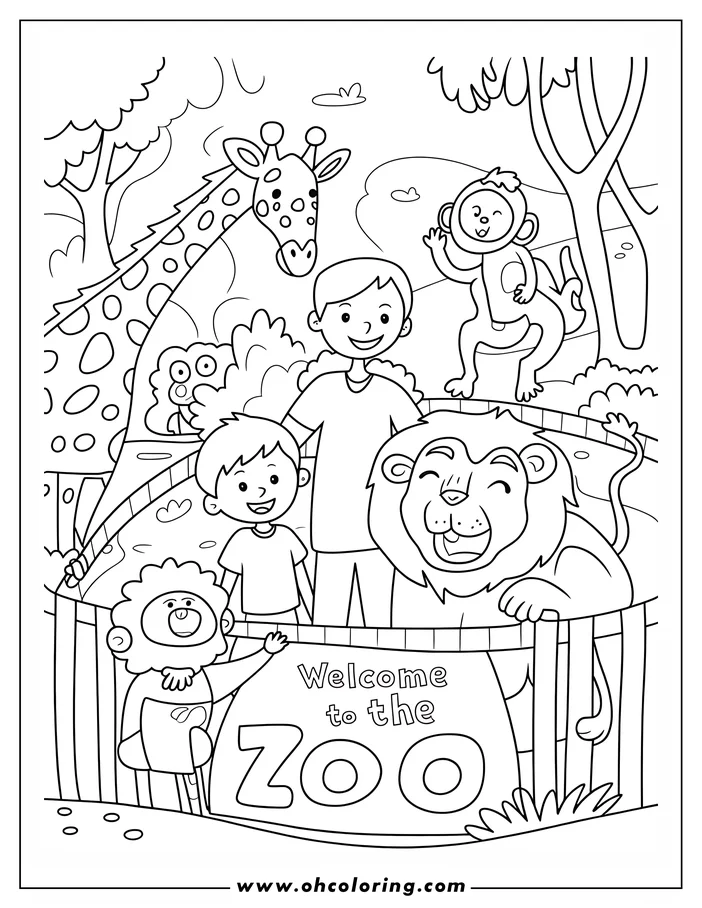 Line art of a zoo scene with a lion, giraffe, monkeys, and visitors. A sign reads 'Welcome to the Zoo'.