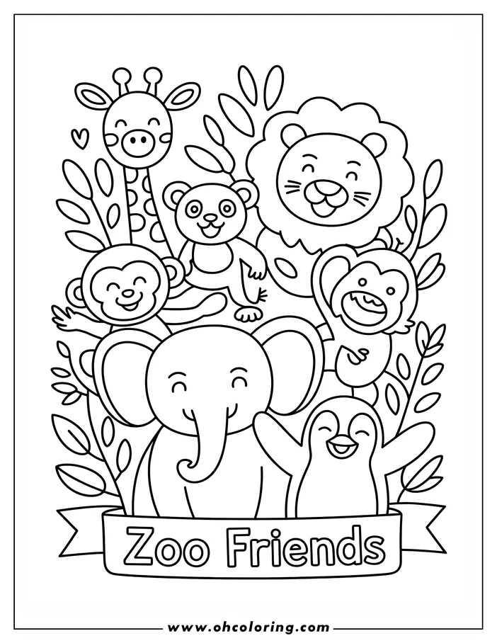 A group of happy zoo animals: a giraffe, lion, panda bear, two monkeys, an elephant, and a penguin.  They are surrounded by simple leaves, giving a jungle or zoo-like feel.