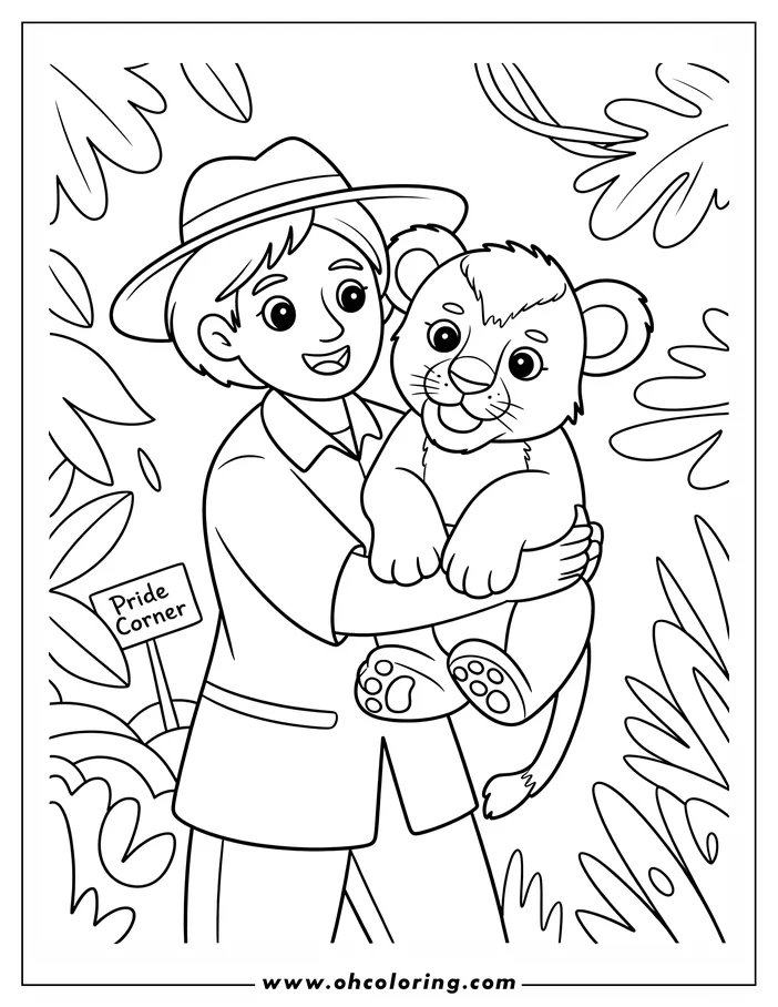 Zookeeper holding a lion cub in their arms at Pride Corner in the zoo
