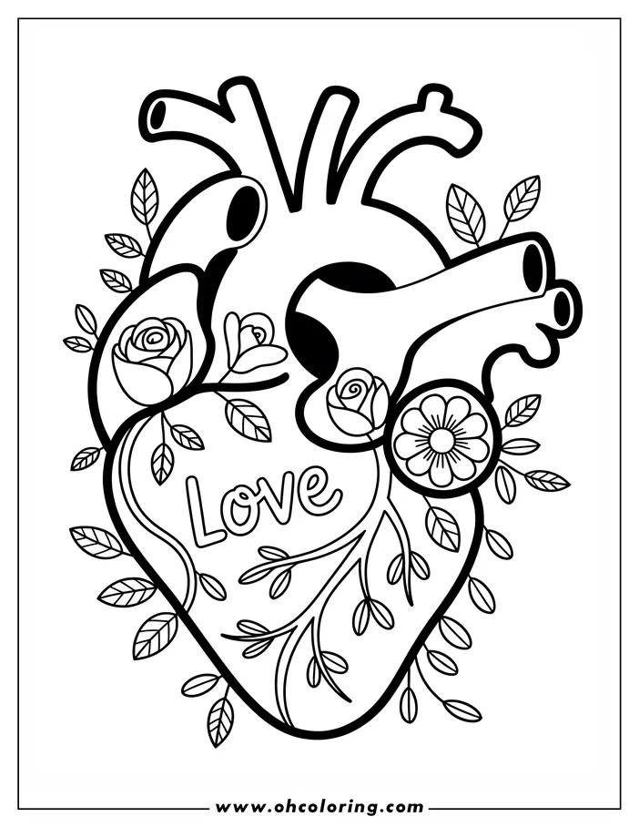 Line art of an anatomical heart, decorated with roses, leaves, and other flowers, with the word 'Love' written inside.  A design for a coloring sheet.