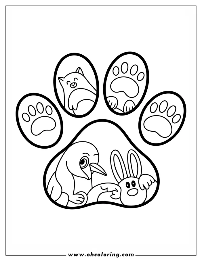 Line art of a dog paw print with a cat, bird, and rabbit inside.