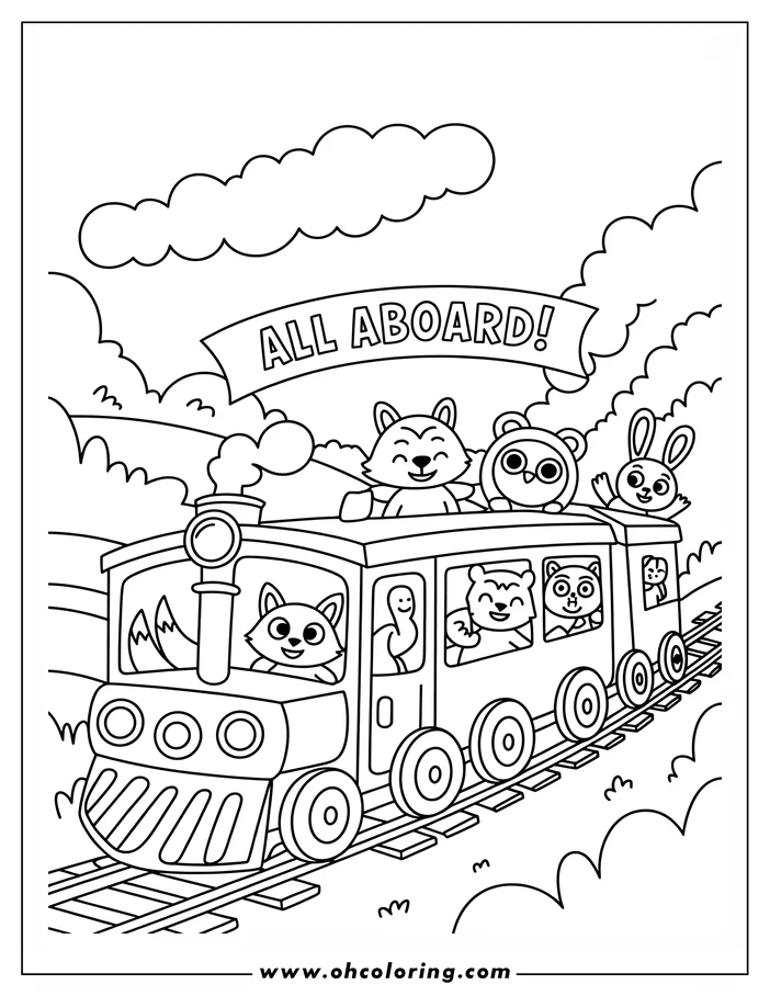 Line art of several happy animals on a train. A fox drives, while others ride on the roof and inside the carriages.