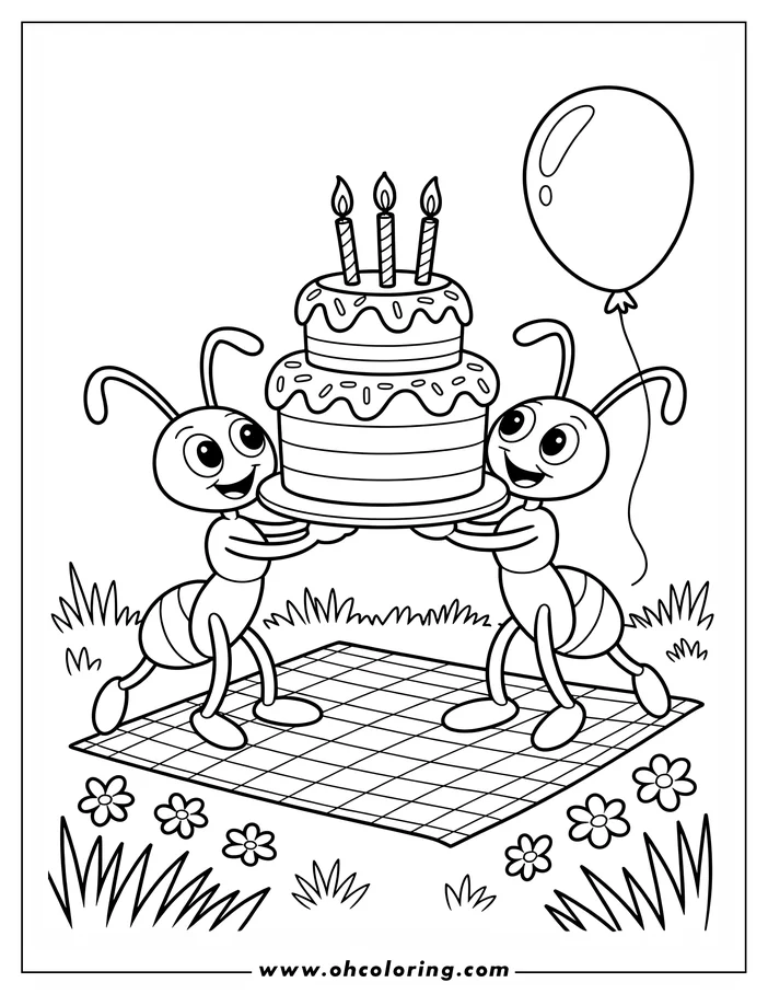 Two ants carrying a birthday cake with three lit candles on a picnic blanket. A balloon floats in the background