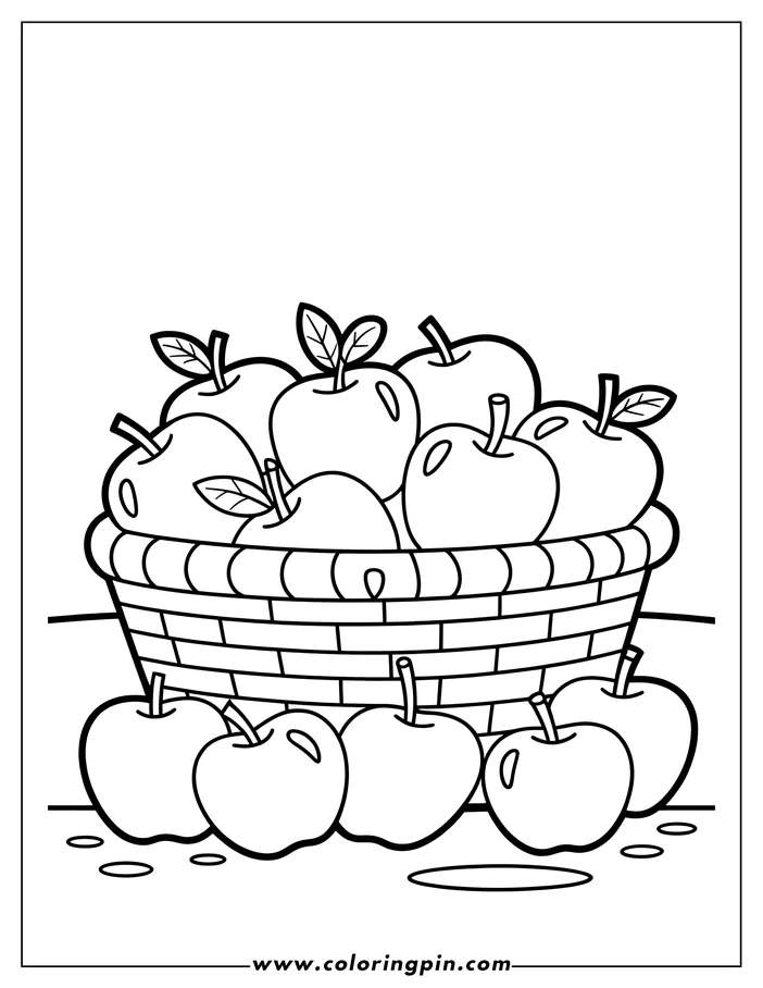 Line art of a basket overflowing with apples, and several more apples rest at the basket's base.