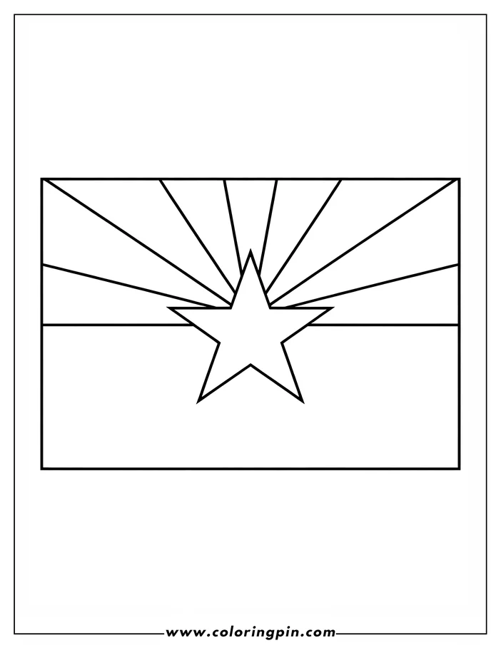 Outline of the Arizona state flag. The flag has 13 alternating red and yellow rays at the top and a copper star centered on a blue field on the bottom half.