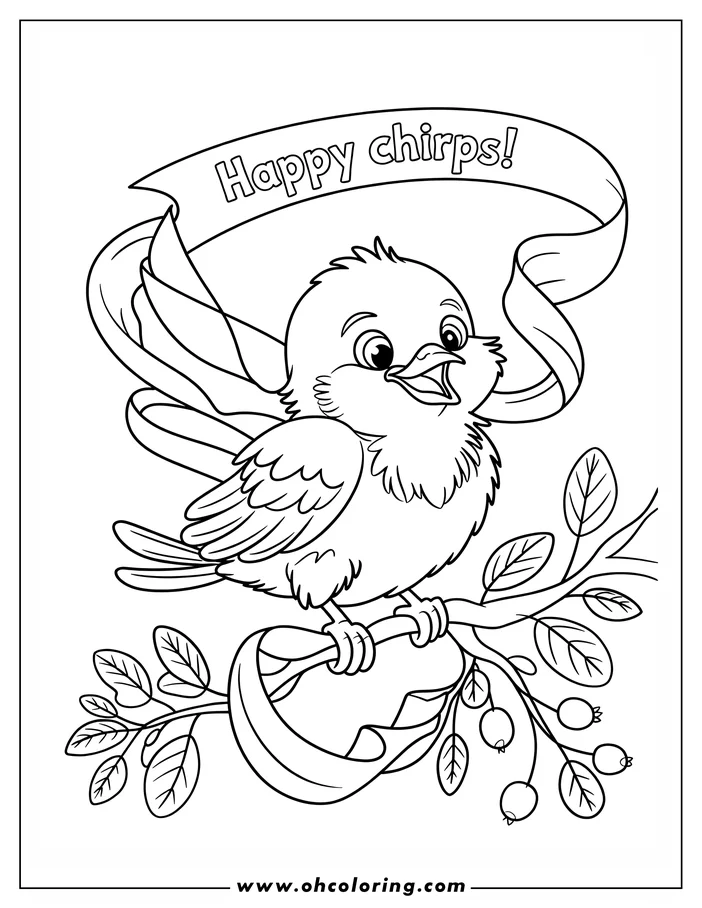 Outline drawing of a baby bird sitting on a branch with berries and leaves.