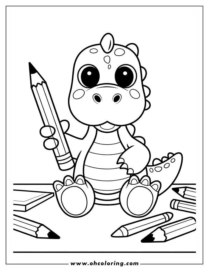 Line art of a baby dragon sitting with a large pencil, ready for coloring.