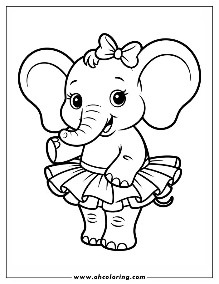 Line art of a baby elephant wearing a tutu and a bow, ready for coloring.