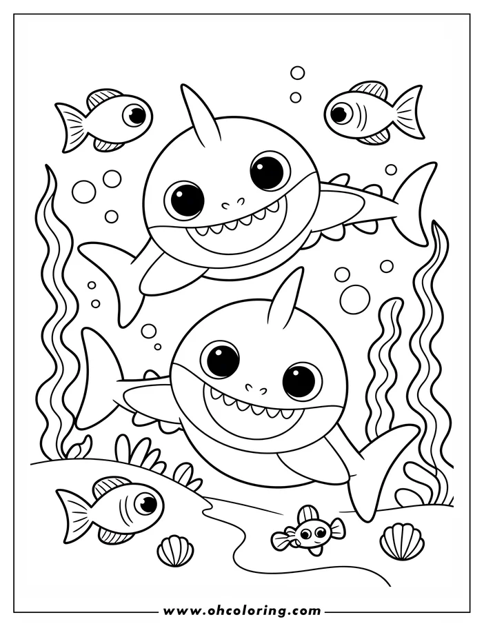 Two baby sharks swim playfully underwater, surrounded by small fish and seaweed.