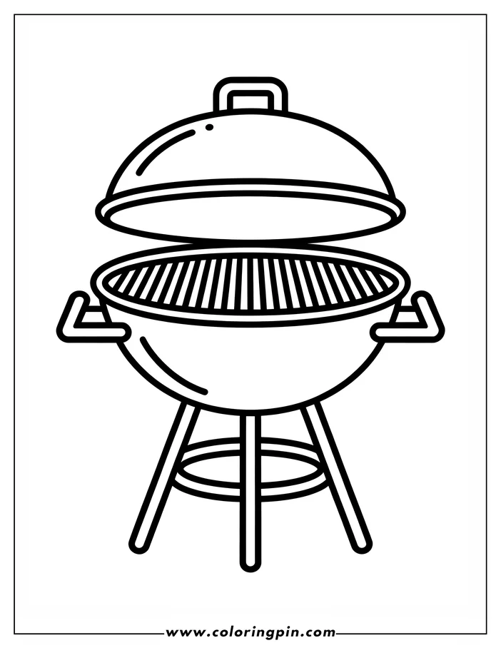 Line art of a barbecue grill with its lid open, showing the grill grates inside.