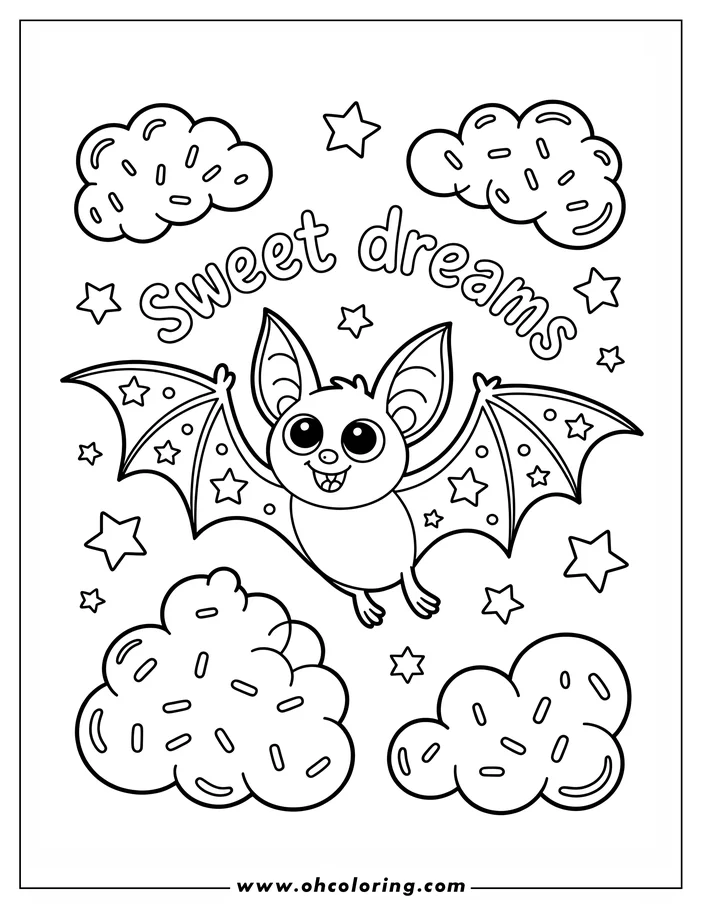 Line art of a friendly cartoon bat flying among stylized clouds and stars. The bat's wings have star and circle details, and the words 'Sweet Dreams' appear above. This is a drawing designed for a coloring sheet.