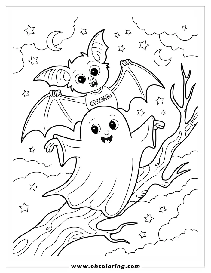 Line art of a bat and ghost flying in a starry night sky. The bat wears a shirt with 'Sweet Dreams' written on it and flies above the ghost, who has outstretched arms. Stars, a crescent moon, clouds, and a tree branch are also visible in this Halloween-themed coloring sheet design.