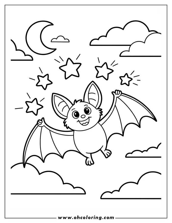 Simple line art of a cartoon bat flying in the night sky. The bat has a cheerful expression and outstretched wings, surrounded by stars, a crescent moon, and clouds. This image is a coloring sheet design.