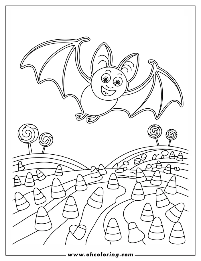 Line art of a friendly cartoon bat flying over a whimsical candy land filled with candy corn and lollipops. The bat has a cheerful expression and outstretched wings. This coloring sheet design is perfect for Halloween or any time.