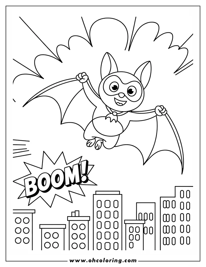Line art of a cartoon bat in a superhero costume flying over a city. The bat is smiling and holding its wingtips. Buildings with simple windows form the cityscape below. This is a design for a coloring sheet.