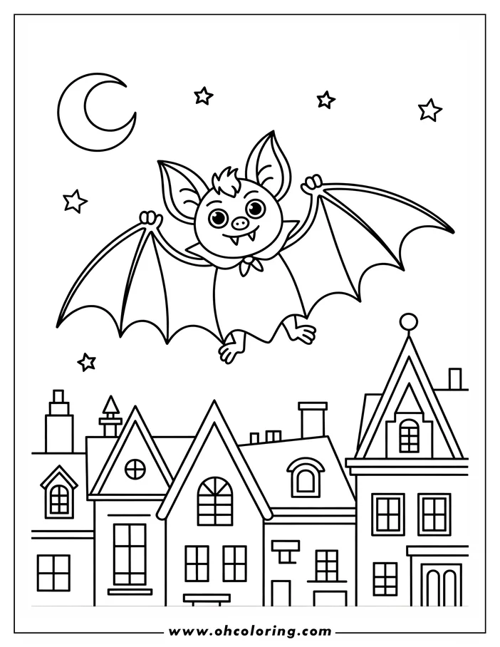 Line art of a bat with spiky hair and a bow tie collar flying over several houses under a crescent moon and stars, a coloring sheet design.
