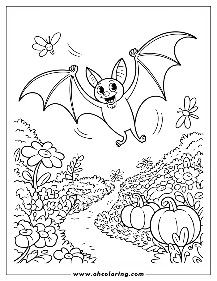 Line art of a cartoon bat flying over a pumpkin patch. The bat has a happy expression. Two pumpkins sit amongst flowers and leaves on the ground. Two butterflies are also present in the outline, designed as a coloring sheet.
