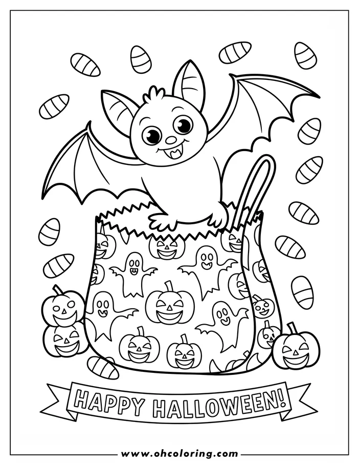 Line art of a friendly cartoon bat holding a large Halloween candy bag. The bag is decorated with pumpkins and ghosts, and candy corn is falling around the bat. This is a printable coloring sheet design.