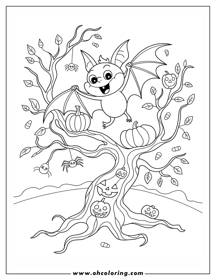 Line art of a cheerful cartoon bat hanging from a Halloween-themed tree. The tree is decorated with pumpkins, jack-o'-lanterns, spiders, and candy corn, creating a festive and spooky scene. Perfect for a Halloween coloring activity.