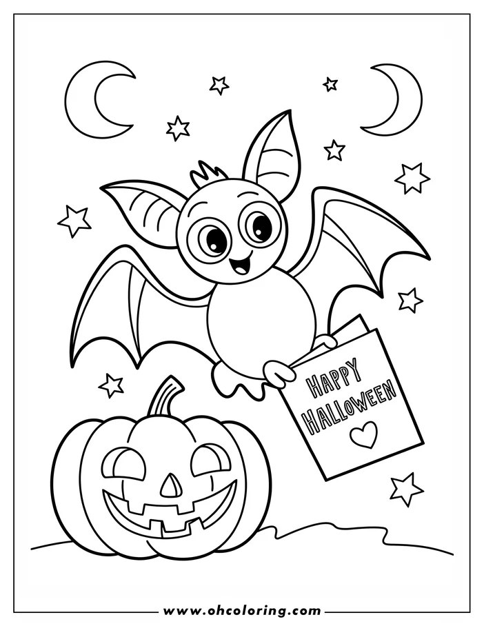 Line art of a bat holding a Happy Halloween sign, with a jack-o'-lantern below and stars and moons in the background.