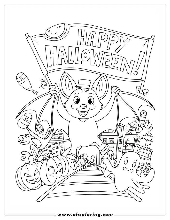 Line art of a cartoon bat holding a "Happy Halloween!" banner. The bat wears a top hat and flies over a scene with jack-o'-lanterns, buildings, and ghosts, ready for coloring.