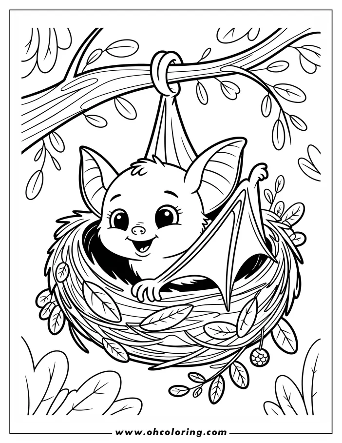 Line art of a cute baby bat nestled inside a leafy nest hanging from a tree branch. The bat has large, friendly eyes and a cheerful expression. Perfect for a printable coloring sheet.