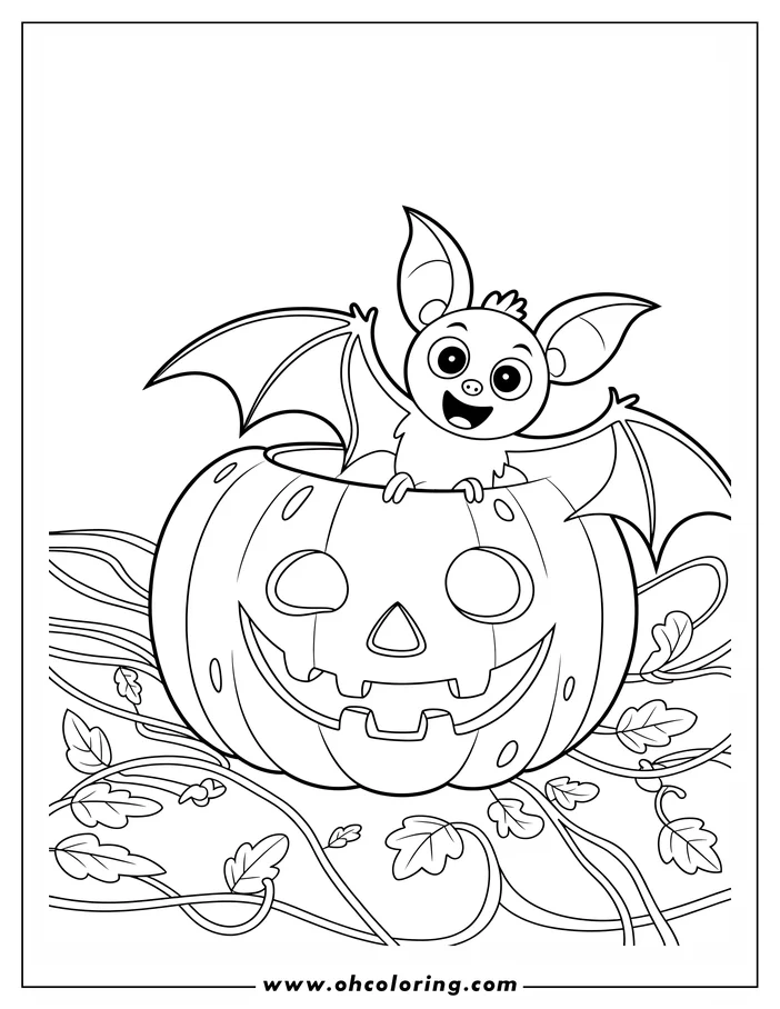 Line art of a friendly cartoon bat sitting inside a carved pumpkin. The bat has large eyes and a smiling expression, and its wings are outstretched. The pumpkin has a traditional jack-o'-lantern face and sits among vines and leaves, creating a Halloween-themed coloring sheet design.