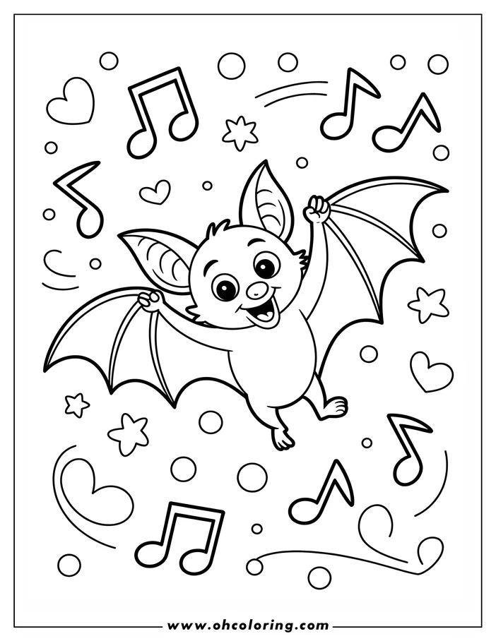 Line art of a cartoon bat flying amidst music notes, hearts, and stars. The bat has large, expressive eyes and a wide smile, designed for coloring. Perfect for kids and bat enthusiasts.