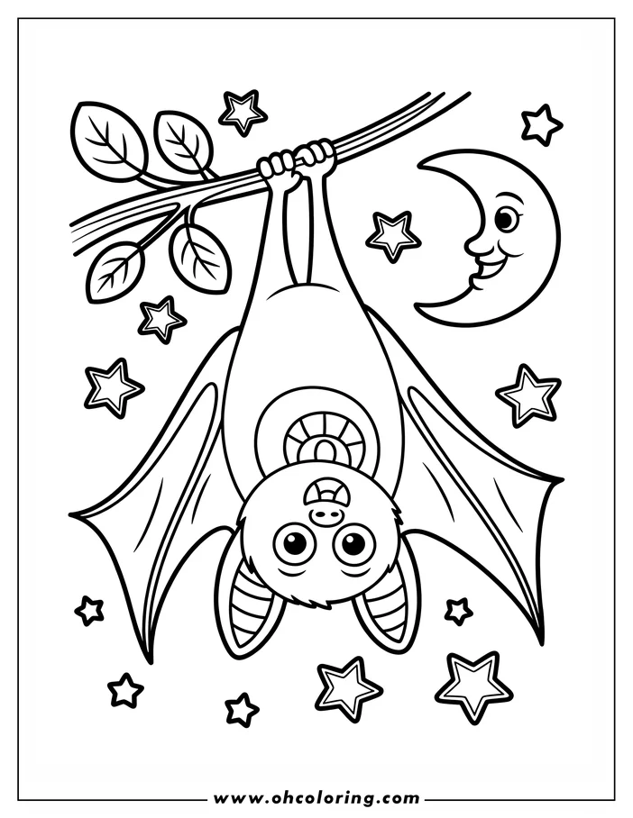 Line art of a bat hanging upside down from a tree branch at night. A smiling crescent moon and stars are visible in the background. This simple, cheerful design is ideal for a children's coloring sheet.