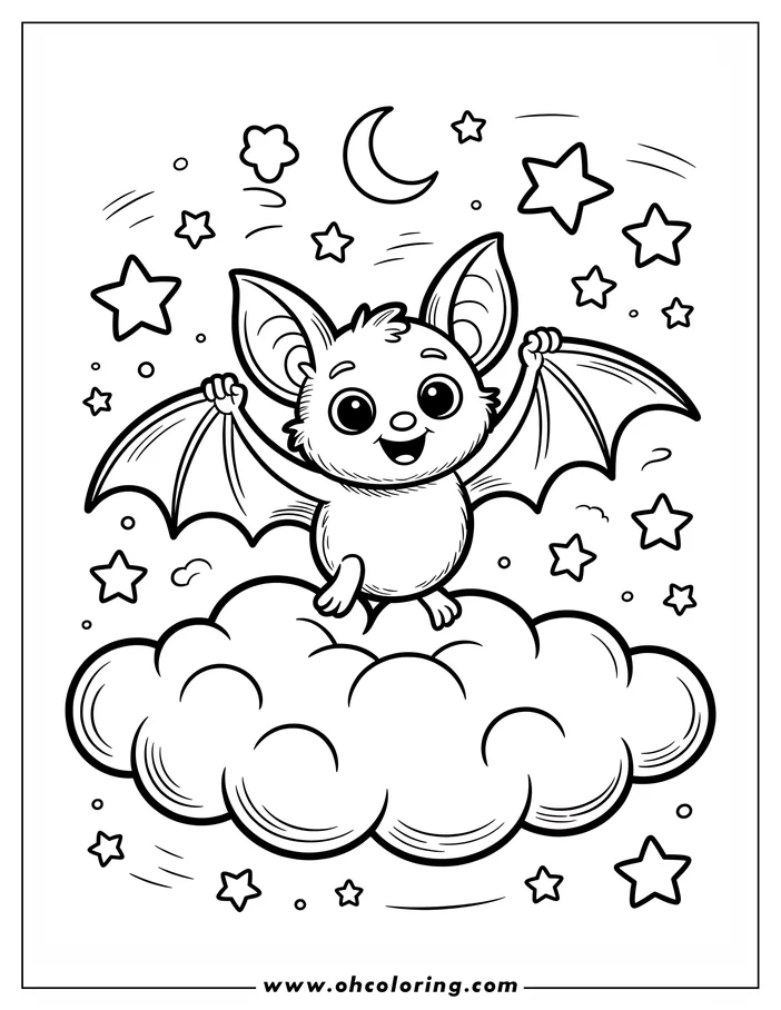 Line art of a happy cartoon bat sitting on a cloud with stars and a crescent moon in the background, designed as a coloring sheet.