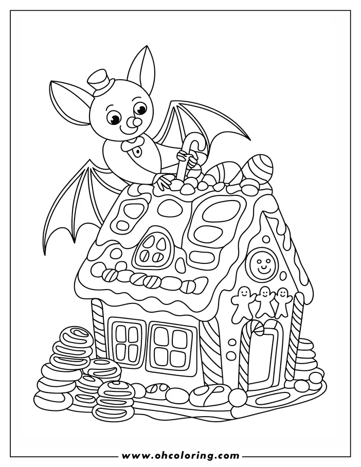 Line art of a bat wearing a top hat and bow tie perched on a gingerbread house decorated with candies and gingerbread men. The bat holds a candy cane. This is a coloring sheet design, perfect for a Halloween activity.