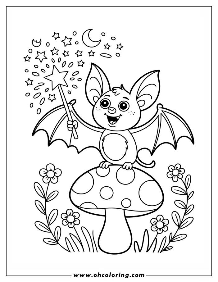 Line art of a cheerful cartoon bat sitting on a spotted mushroom. The bat holds a magic wand, and sparkles float around it. Flowers and grass grow around the mushroom's base. A crescent moon and stars appear in the background. This design is a printable coloring sheet.